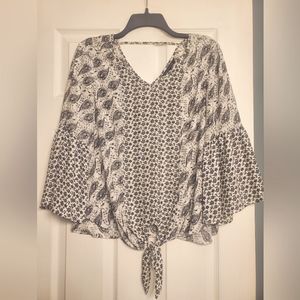 Bell Sleeve Paisley/Floral Tie-Front Top